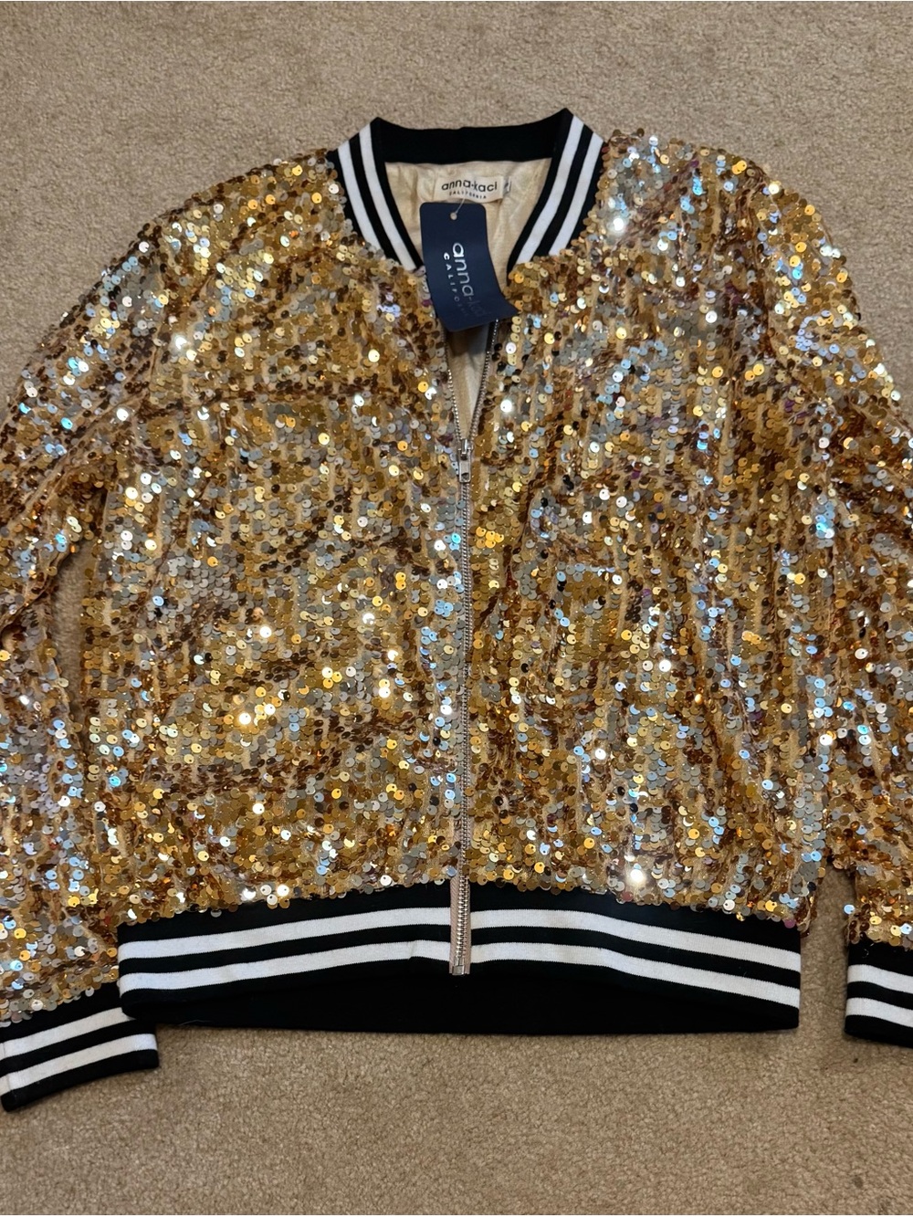 Sequined Gold Varsity Jacket with Striped Trim